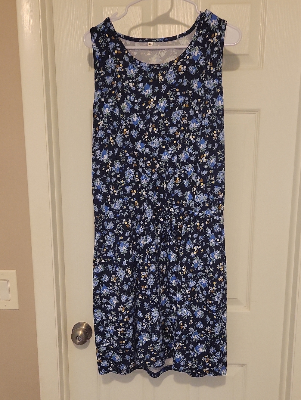 Sleeveless Blue Floral Drawstring Women’s Dress